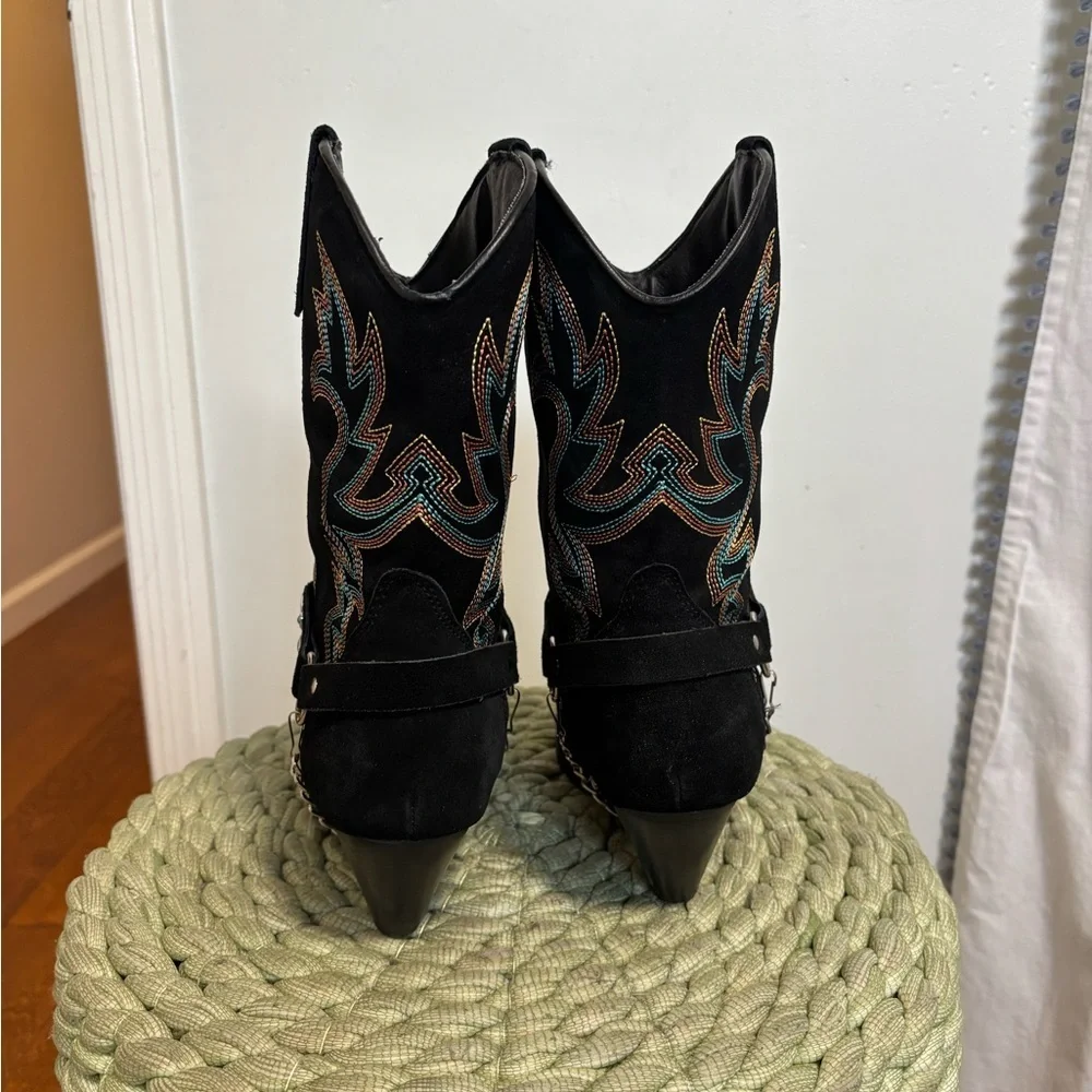 Dingo Victoria Harness Black Suede Turquoise Pull On Western Boots